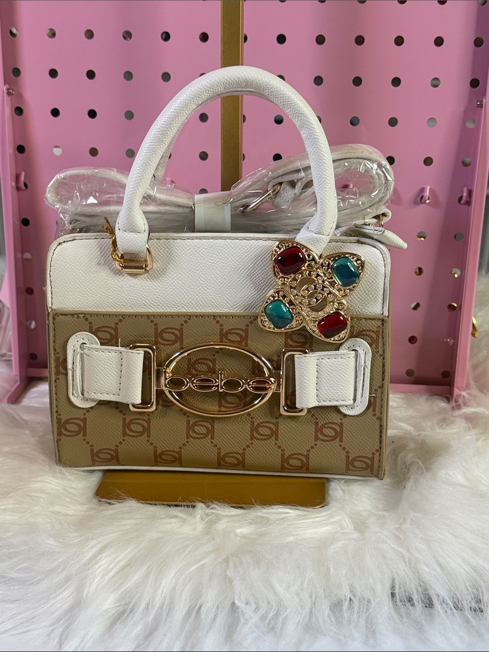 bebe White and Beige Logo Crossbody Satchel with Jeweled Charm